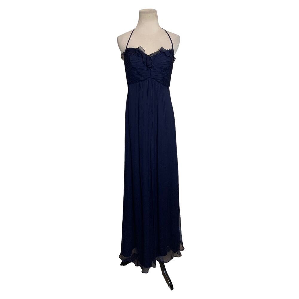 Amsale Navy Blue Silk Halter Maxi Formal Dress Size 6